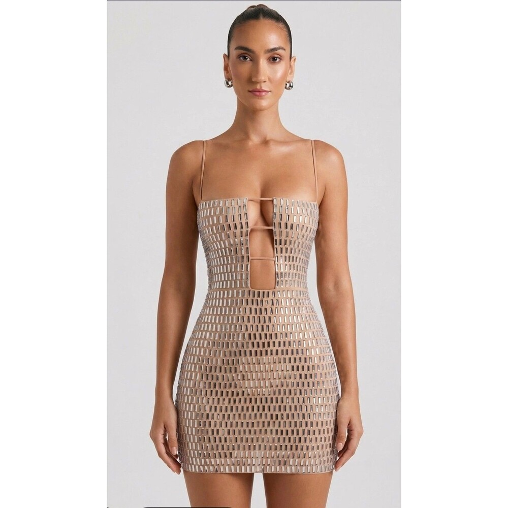 Oh Polly Alanna Embellished Cutout Mini Dress Size 4 Nude